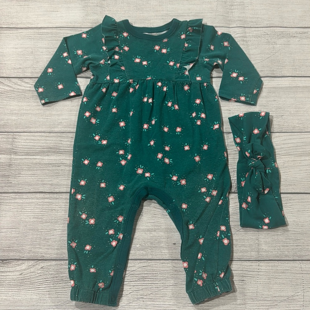 Cat & Jack Baby Girl Green Floral Jumpsuit with Matching Headband